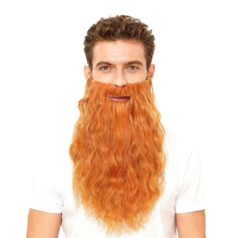 FVCENT Fake Long Beard Men's Mustache Old Man Long Plush Beard Male Makeup Cosplay Stage Performance Party Costume Supplies (Long Curly Orange) - Image 1